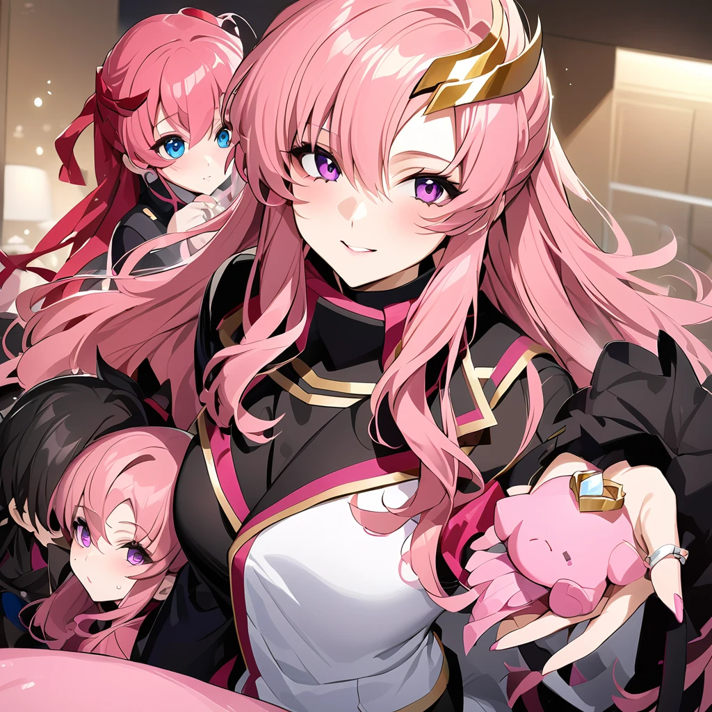 ((Highest quality)), ((masterpiece)), (detailed), （Perfect Face）、The woman is Lacus Clyne, a member of the Foundation and wife of Orpheus, King of the Accord, wearing the Black Knights Code uniform, an engagement ring, beautifully decorated accessories, and a gorgeous hair ornament. She has medium-long pink hair.、Beloved wife of Orpheus, King of Accord