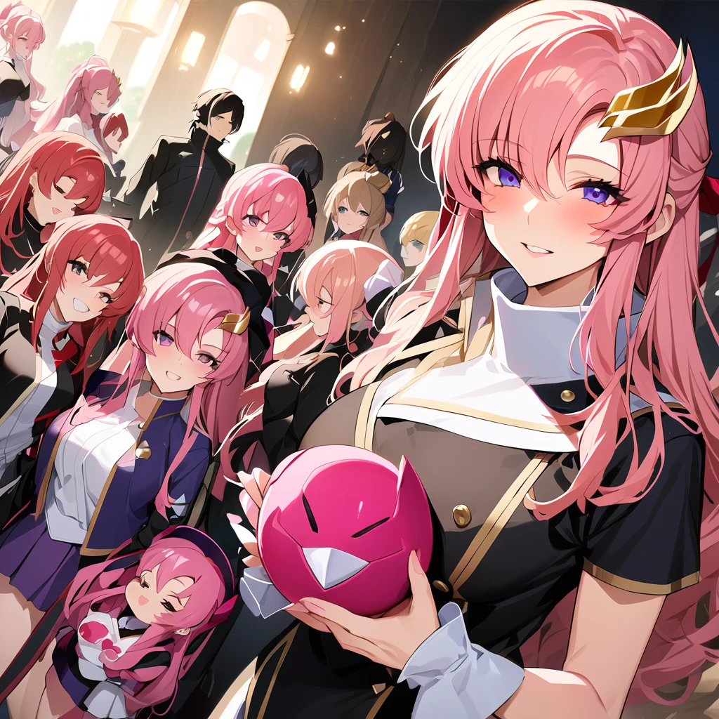 ((Highest quality)), ((masterpiece)), (detailed), (Perfect Face)、The woman is Lacus Clyne, a member of the Foundation and wife of Orpheus, King of the Accord, wearing the Black Knights Code uniform, an engagement ring, beautifully decorated accessories, and a gorgeous hair ornament. She has medium-long pink hair.、Beloved wife of Orpheus, King of Accord