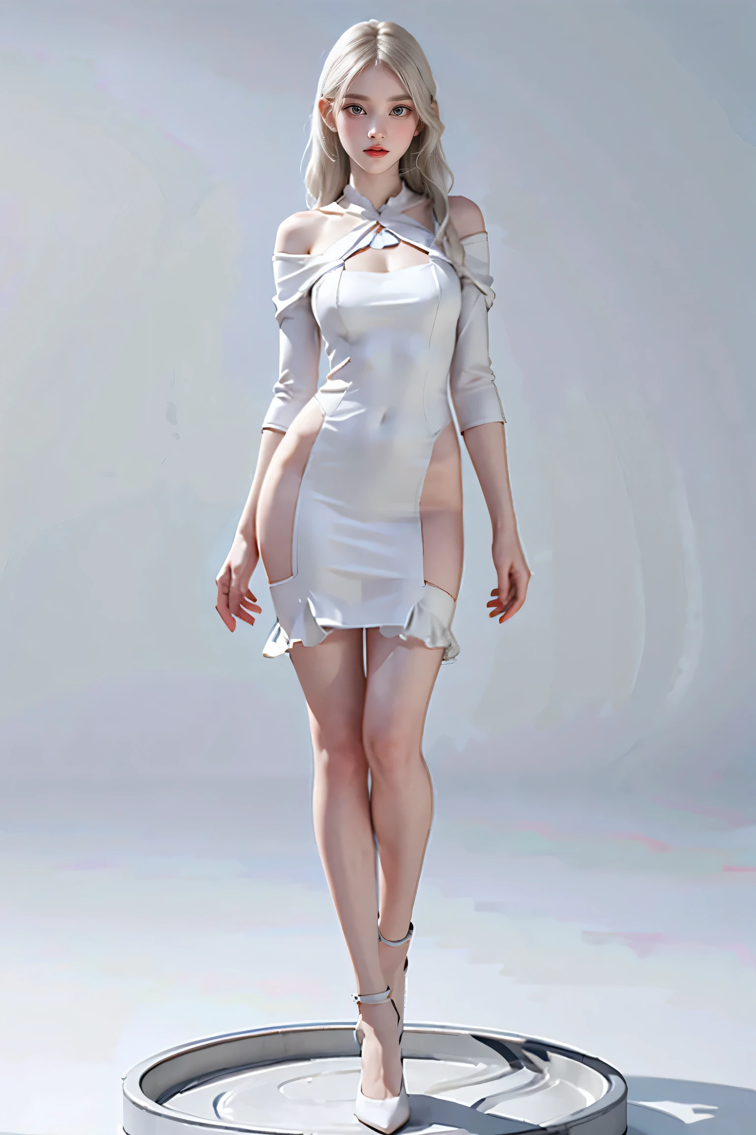 Masters of Animation, A perfect masterpiece, On a snow-white background、Cool Outfits, Sexy and modern clothing、Sexy mature modern woman standing, Flowing silver hair, Full Body Stand Posture, Thin legs, Straight chest, Detailed facial details, Natural and beautiful standing posture, Crisp and realistic body detail,Browsing Caution