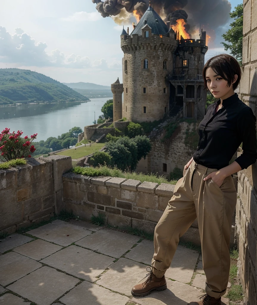 Anime pictures of women with short hair like men Standing on top of the castle and below the castle there was a war, there was fire, and the woman's face looked extremely sad and there was blood on her face and blood on her dress.