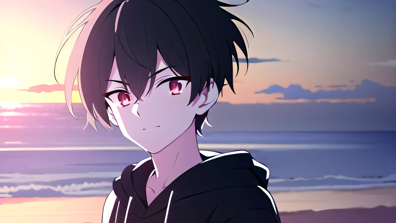 skinny, small kneck,solo, 1boy, man, male A gloomy appearance,innocent smile,very short hair, short cut hair, black hair, red eyes,messy hair, bangs, messy bangs, cowlick, black hoodie, upper body, theme dark, sunset background,