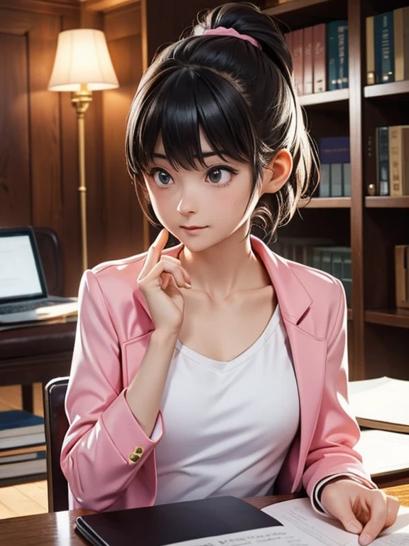 girl, solo, (lawyer), (Court), Pink jacket, clavicle, White shirt, pants suit, (Badge on left chest), Hair is neatly tied up, court, Classical architecture, Wide々としたCourt, With the audience watching, Lighting Effects,Dramatic shading,A fusion of natural and artificial light,Legal Book,A file full of documents,laptop,
Court内の音,The sound of flipping through documents,Whispered conversation, Silence and tension,Calm and analytical,女性lawyerの態度,Professional Attitude