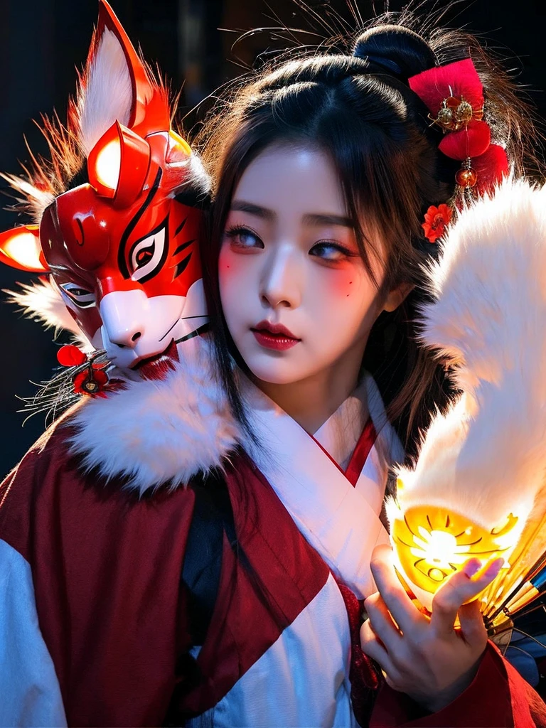 Arafed woman wearing a cat mask with a red light behind her, kitsune mask on head, Con Narrow Mask, kitsune mask, wearing a kitsune mask, Una hermosa mujer Narrow, Geisha cyberpunk, Geisha Mask, Amaterasu, Kabuki Makeup, inspired by Itō Shinsui, Retrato de Onmyoji, Narrow、Android、humanoid、cyborg