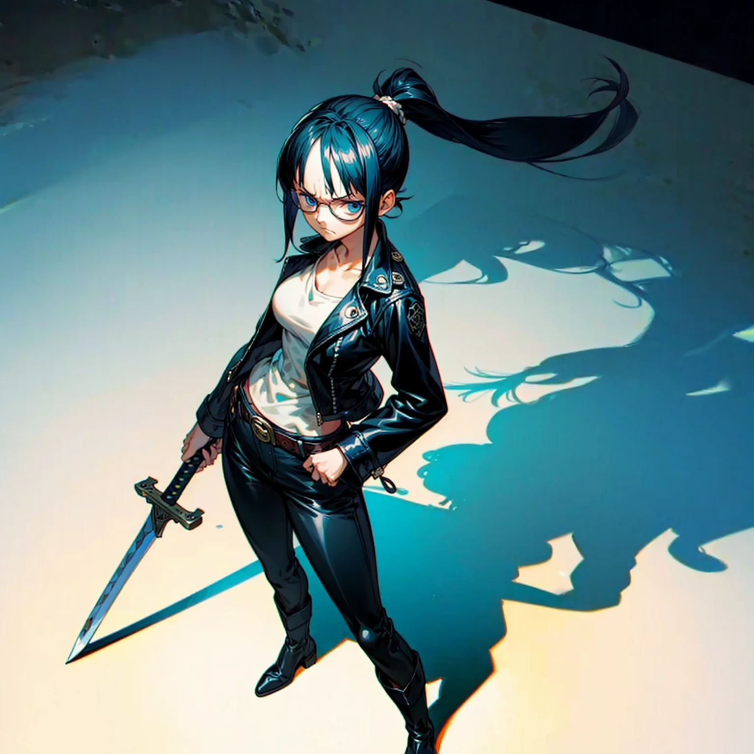 Grassroot, full body version, solo, girl, glasses, black colour hair, ponytail hair, blue eyes, sad eyes, leather jacket, belts, long pants, boots, shadow, (one piece style art), standing gesture, sword in hand 