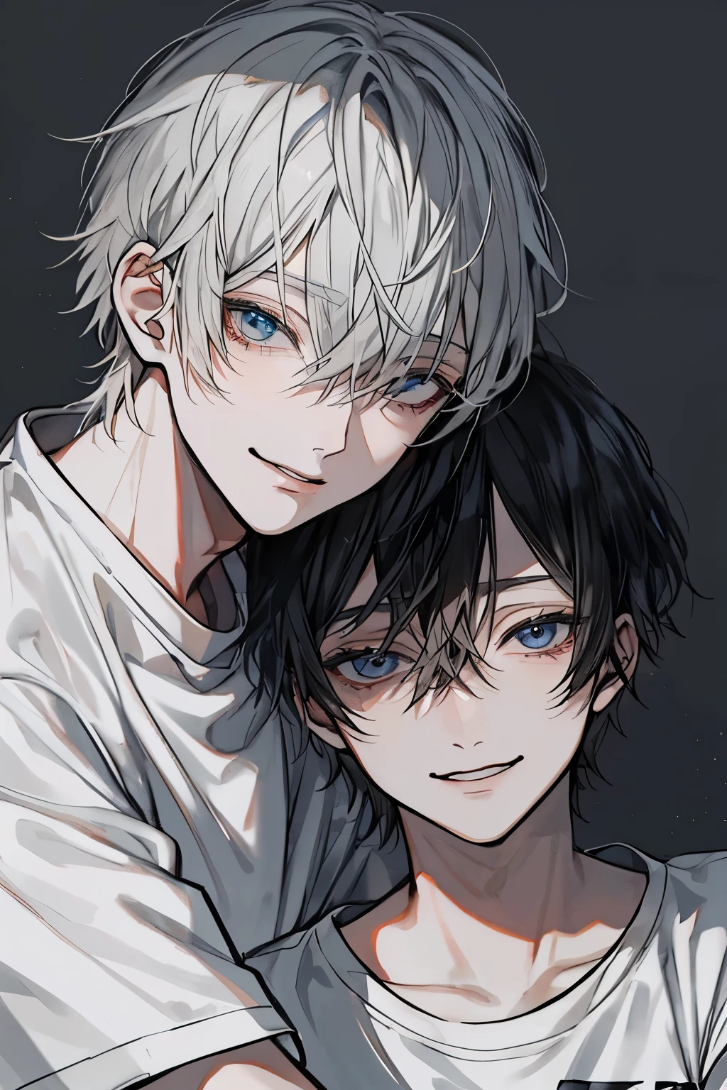 Two men intimate, high quality portrait, two men with beautiful detailed faces, one black-haired man, one grey-haired man, both smiling and wearing t-shirts, masterpiece, highest quality, very detailed