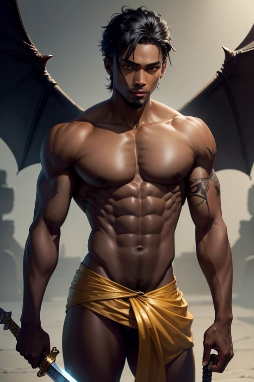 Dark skin man, amber hazel eyes, full lips, bluish black hair, Straight Nose, big bat wings, sword and dagger in hand. hairless.