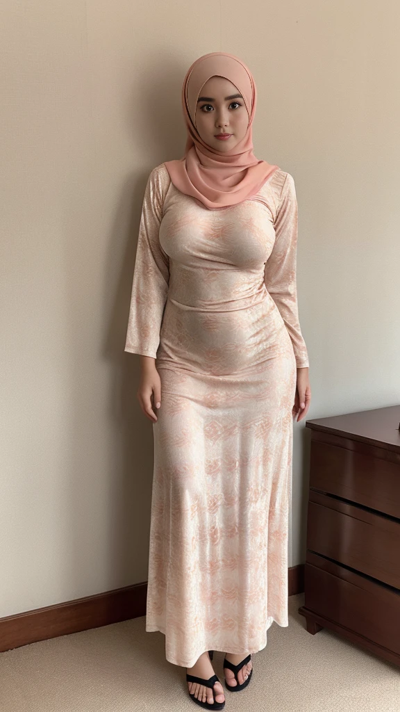 (pp clothes), (realistic), ((8k)), (masterpiece), 10-years-old, hijab girl, ultra realistic, wearing long tight dress, heavy big breast, muslim long dress, fit curvy body, tight thighs, fat vagina, pale white skin tone, bright skin tone, walking, front side view, Indonesian face, bedroom situation