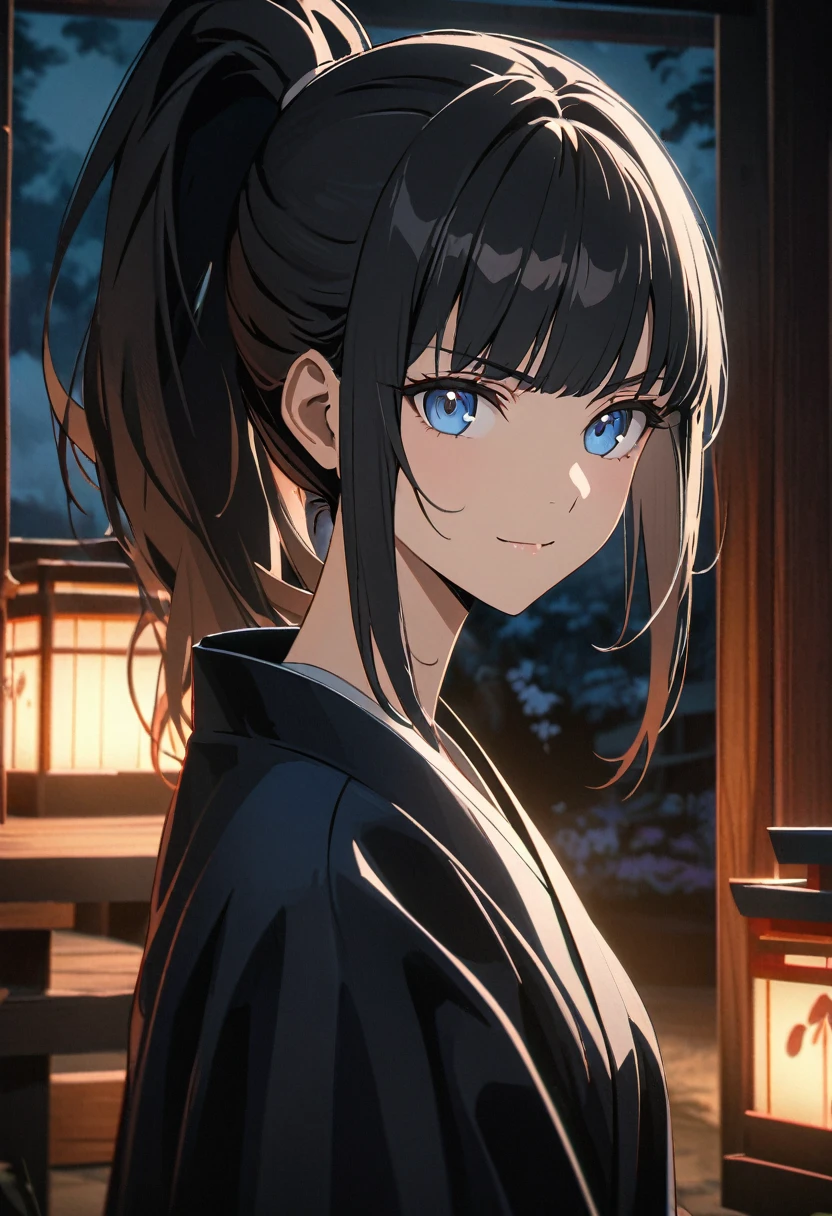 Young woman, perfect anatomic draw, perfect eyes, long black hair, beautiful eyes, straight bangs down, ponytail in the hair, white hairpin, blue eyes, beautiful woman, brave woman, black kimono, serious smile, in the shrine, night, moonlight, 8k, high quality, full HD.