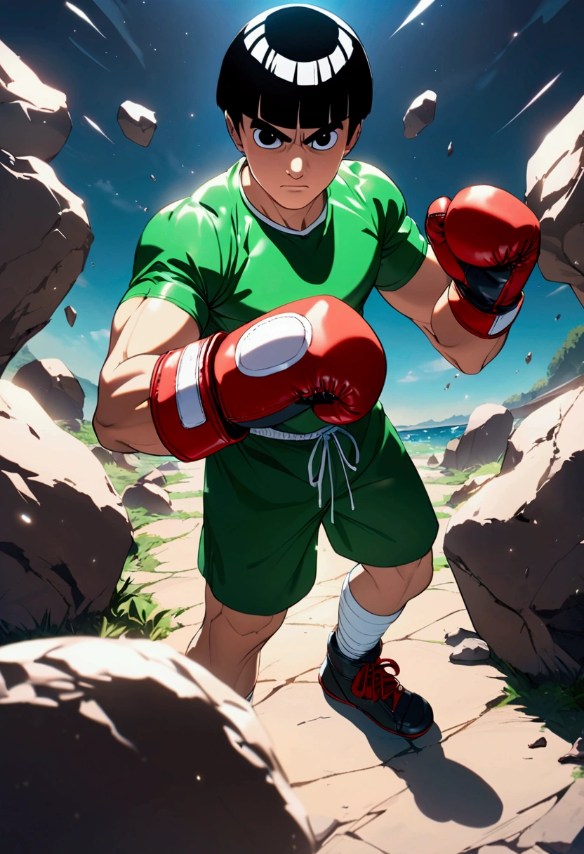 rock lee from naruto, boxing gloves, boxing shorts, full body, perspective.