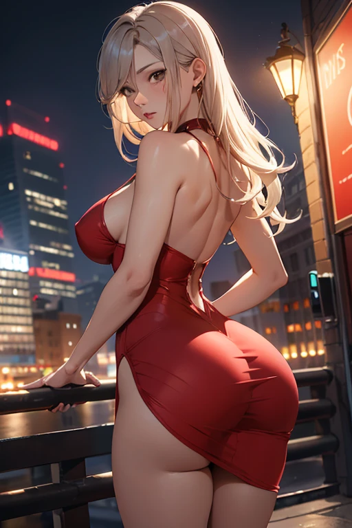 masterpiece, best quality, shadows, dynamic angle, front view, perfect hands, perfect legs, perfect anatomy, pretty face, mature features, 1 girl, 21 years old, mature woman, sexy red dress, city night background, white long hair, thighs, ass, breast, seductive, spicy, posing, cinematography lights,