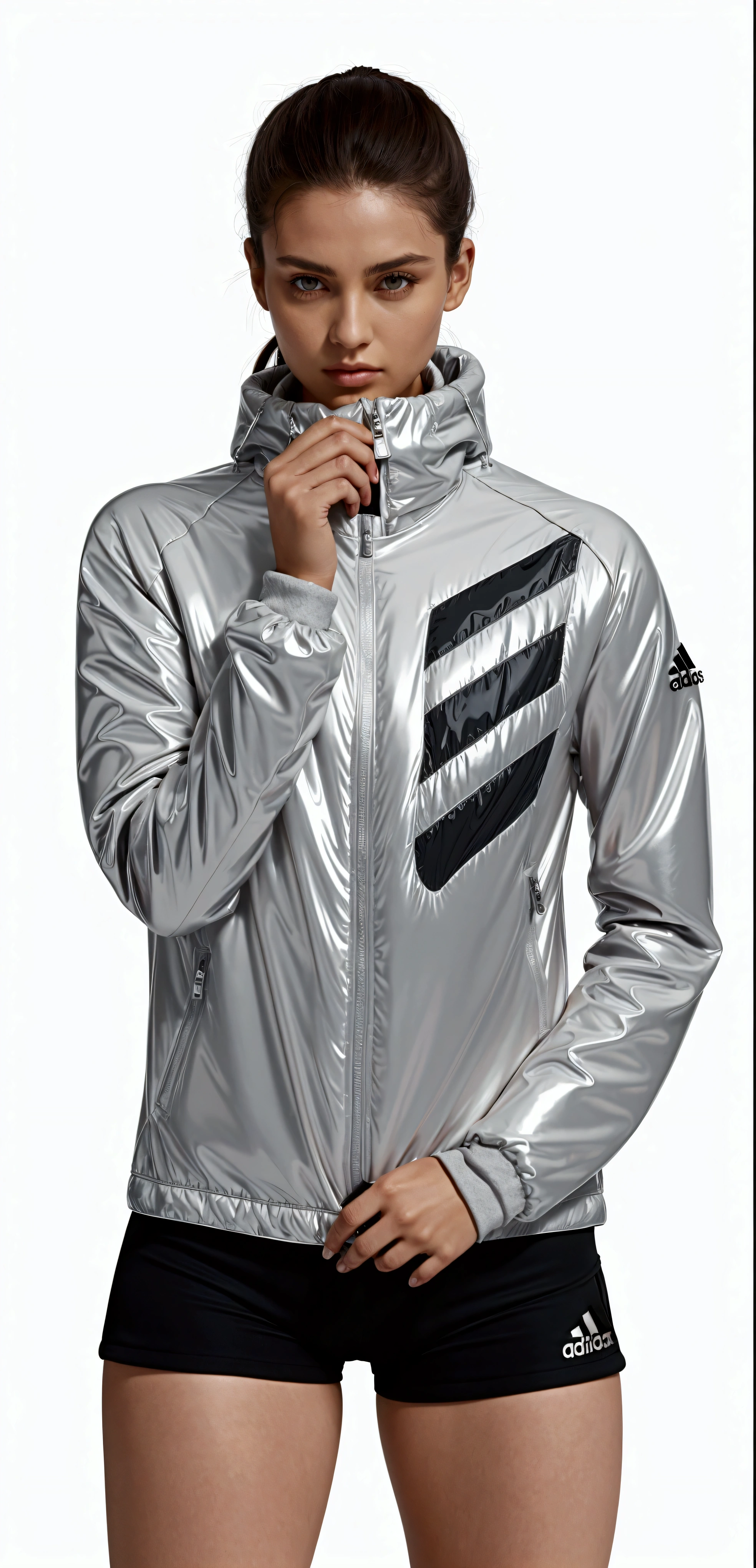 a woman in a gray jaqueta and black shorts posing For a picture, roupas esportivas, sports jaqueta, roupas esportivas, vestindo roupas adidas, grey jaqueta, skin reFlective metallic, reFlective metallic, jaqueta, metallic reFlective, reFlective material, cinza claro, F / 2 0, cinza claro mist, capuzed, capuz, glossy From rain, cinza claro capuzie opened, Future inFlatable jaqueta