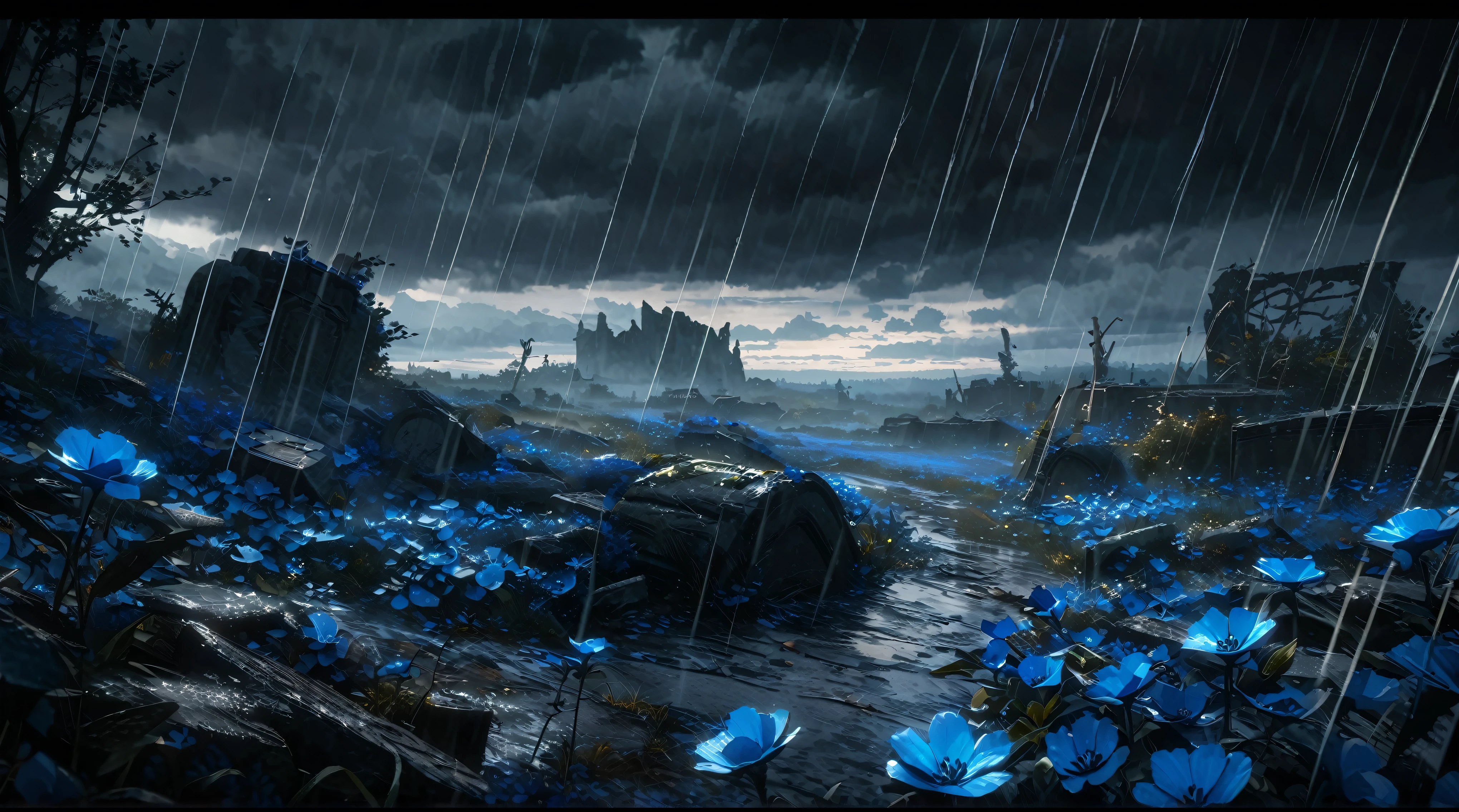  anime scenery, anime aestetics, anime lanscape, a blue field with a sky background, beautiful blue flowers, destroyed tombstones lying around, rain, dark grey clouds, beautiful grey trees, grey and blue coloure, elden ring cinematic lighting, unreal engine fantasy art, dark fantasy, peaceful atmosphere, wide shot, pov, atmospheric perspective, perspective, 4K, 8k, highres, best quality, super detail, masterpiece, award winning