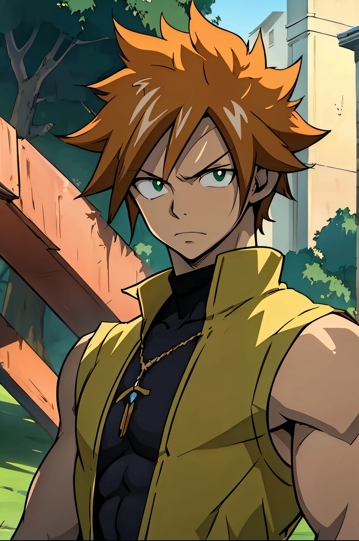 ((arte estilo anime)), (the highest image quality), (detailed strokes), Looking at the Viewer, all body, He is a 17 year old teenager, bry white skin, He has slightly disheveled ginger hair , light green eyes, , muscular body , anime art style Fairy Tail , sexy face, He is dressed in the anime male clothes "Fairy Tail", , 8k, high quality, masterpiece, , cinematic, vivid colors, shining green eyes