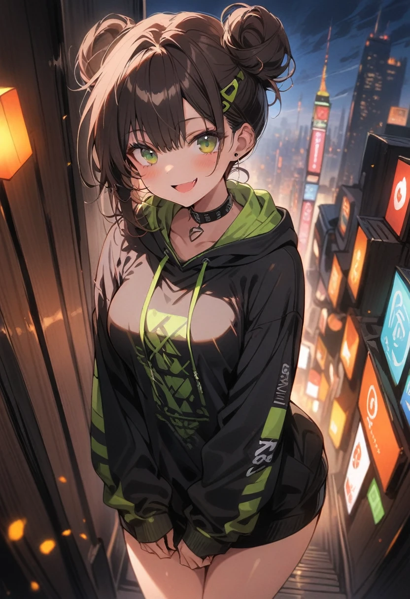 score_9, score_8_up, score_7_up, score_6_up, source_anime, (masterpiece, best quality:1.2), high quality, highres, 1girl, solo, pretty woman, beautiful, green eyes, smile, open mouth, brown hair, hair bun, looking at viewer, black hoodie oversize, medium breasts, standing, full body, long range shot, city night scene, the roof