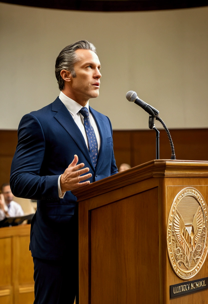 (Lawyer), teaching legal knowledge to students on the podium of a law school. The background is a large classroom in the law school, where students listen attentively and demonstrate the professor's enthusiasm and focus. The scene is mainly composed of teachers, full body, award-winning, cinematic still, emotional, vignette, dynamic, vivid, (masterpiece, best quality, photorealistic, Professional, perfect composition, very aesthetic, absurdres, ultra-detailed, intricate details:1.3)