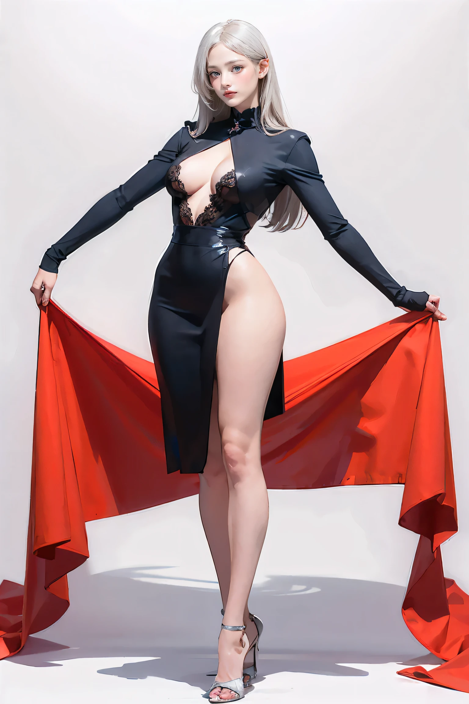 Master of animation, A perfect masterpiece, On a pure white background、Dressed in cool, sexy and modern clothes、Sexy mature modern woman standing, Flowing silver hair, Full Body Stand Posture, Thin legs, ((Large Breasts)), Detailed facial details, Natural and beautiful standing posture, Crisp and realistic body detail,(NSFW:0.9)