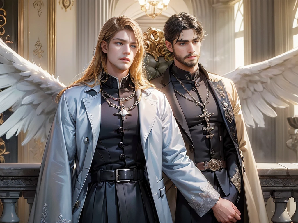 (Best Quality,ultra detailed,realist:1.37), Daegan Thrones Character(1), elegant, Dark skin, dark tan, angel with perfect wings, symmetrical wings, blue eyes, small beard, medium long haircut, casual outfit, Italian urban life, Trench coat, man's posture, attractive, vibrant colors, modern long suit, fighting stance, epic wallpaper.
