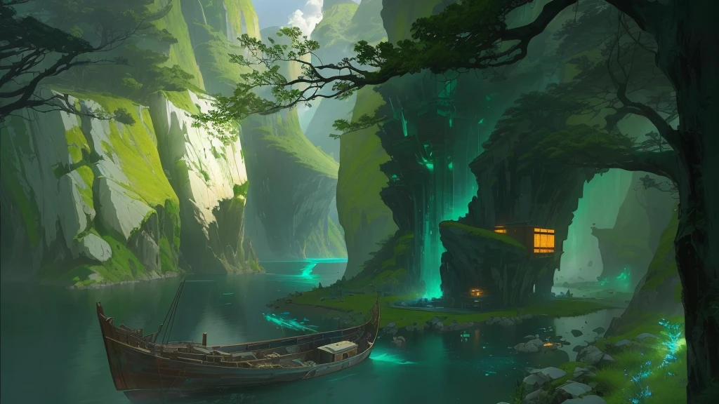 There is a boat parked in the water on the side of the mountain, environment设计插图, environment理念 art, Landscape Game Concept Art, environment理念, Digital Painting Concept Art, environment, environment和概念艺术, Draw as game concept art, environment概念艺术, Nicolas Bouvier Spas, Anime Landscape Concept Art, Conceptual art for video games, Relaxation concept art