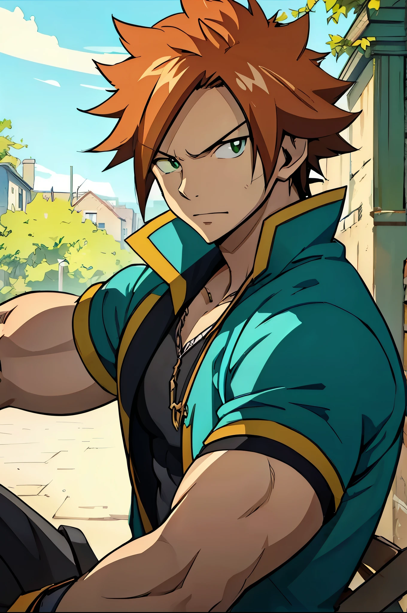 ((arte estilo anime)), (the highest image quality), (detailed strokes), Looking at the Viewer, all body, He is a 17 year old teenager, bry white skin, He has slightly disheveled ginger hair , light green eyes, , muscular body , anime art style Fairy Tail , sexy face, He is dressed in the anime male clothes "Fairy Tail", , 8k, high quality, masterpiece, , cinematic, vivid colors, shining green eyes