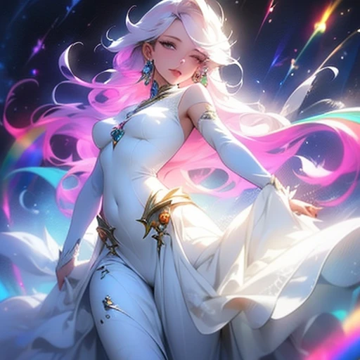A stunningly ethereal woman, composed of a dazzling array of rainbow hues, lays gracefully on fluffy clouds in the sky. Bathed in dynamic and enchanting rainbow lighting, accentuates her vibrant, full-bodied form. Fantasy art. Masterpiece
