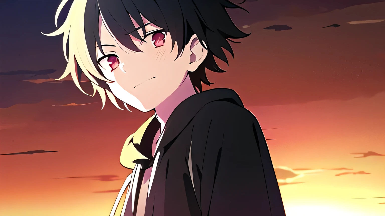 skinny, small kneck,solo, 1boy, man, male A gloomy appearance,innocent smile,very short hair, short cut hair, black hair, red eyes,messy hair, bangs, messy bangs, cowlick, black hoodie, upper body, theme dark, sunset background,