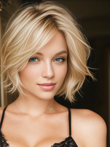 blonde woman with green eyes posing for a picture, blonde short hair, blonde and attractive features, short blonde hair, short blond hair, blonde hair and green eyes, blonde hair green eyes, short wavy blond hair, a gorgeous blonde, short curly blonde haired girl, a girl with blonde hair, short hair with gel, beautiful face and flawless skin.  Wearing a small black bra.  Small breasts, b-cup breasts, small nipples, cleavage, navel.