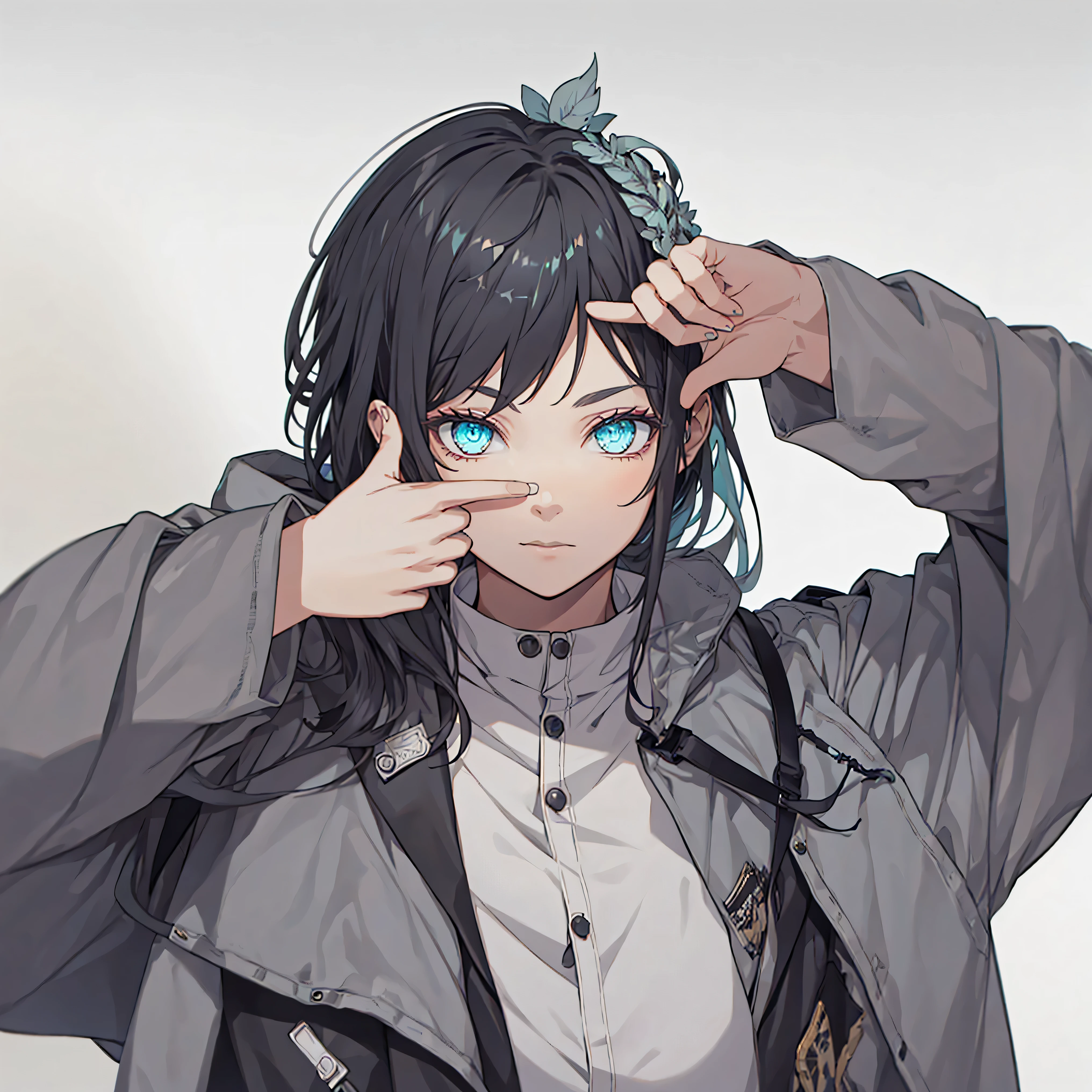 (Tabletop:1.2, Highest quality), One Girl, Turquoise Eyes, Positive, Jet black hair, Jacket,(Gray white background:1.7),finger frame,