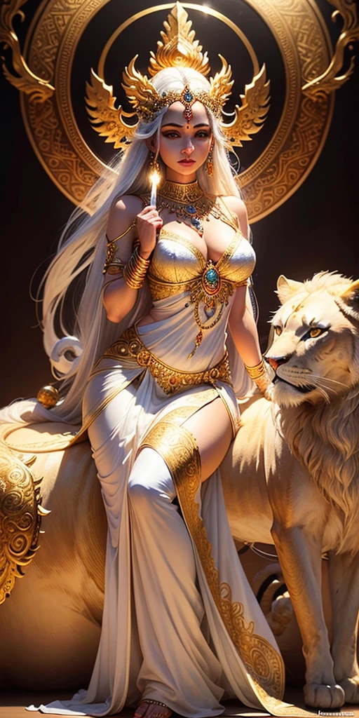 a beautiful hindu goddess, detailed face, piercing eyes, full lips, long flowing white and golden dress, holding a trishul, a majestic lion nearby, intricate jewelry, glowing ethereal aura, highly detailed, photorealistic, dramatic lighting, vibrant colors, ornate background, digital art