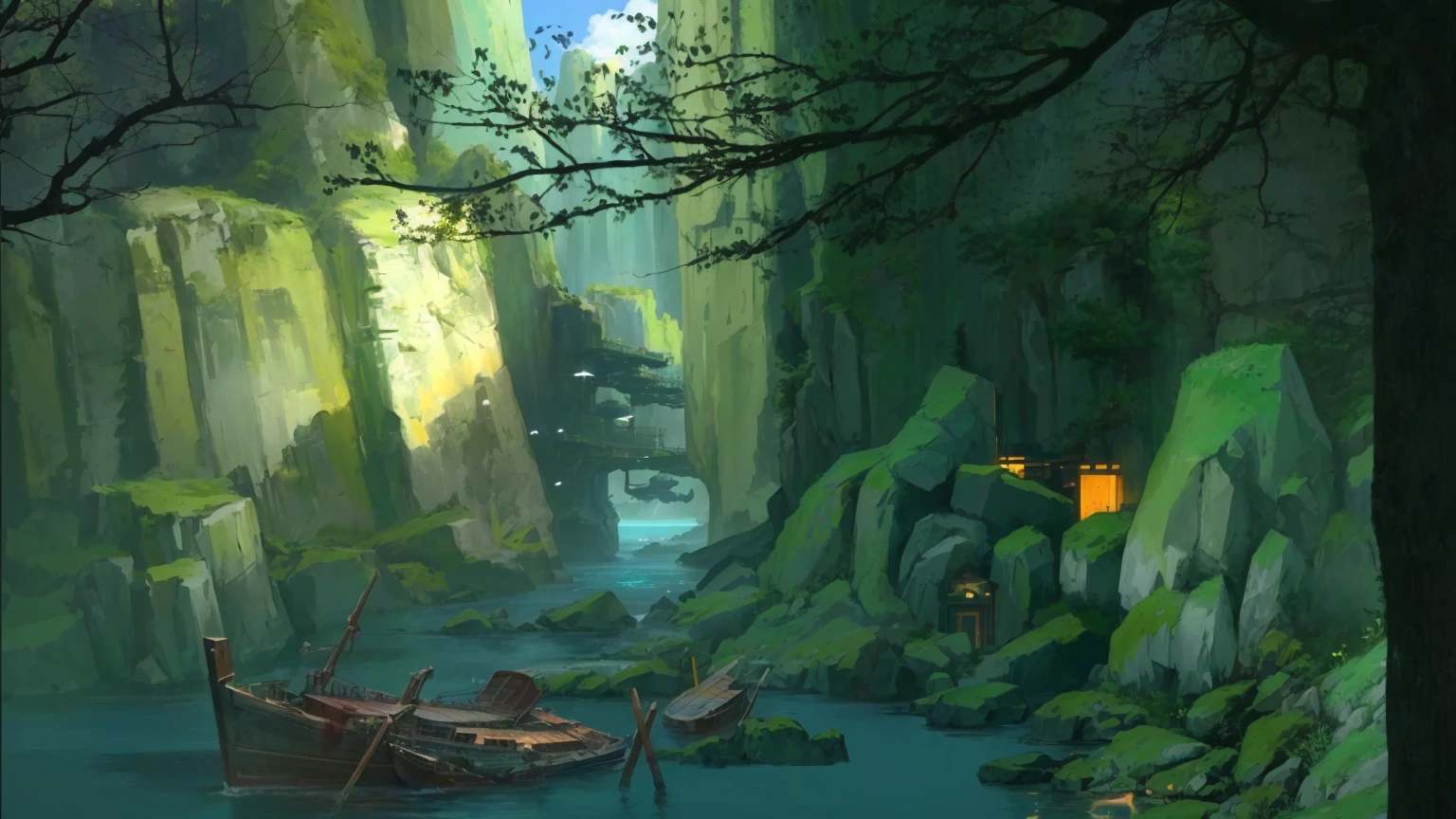There is a boat parked in the water on the side of the mountain, environment设计插图, environment理念 art, Landscape Game Concept Art, environment理念, Digital Concept Art, environment, environment和概念艺术, Draw as game concept art, environment概念艺术, Nicolas Bouvier Spas, Anime Landscape Concept Art, Conceptual art for video games, Relaxation concept art