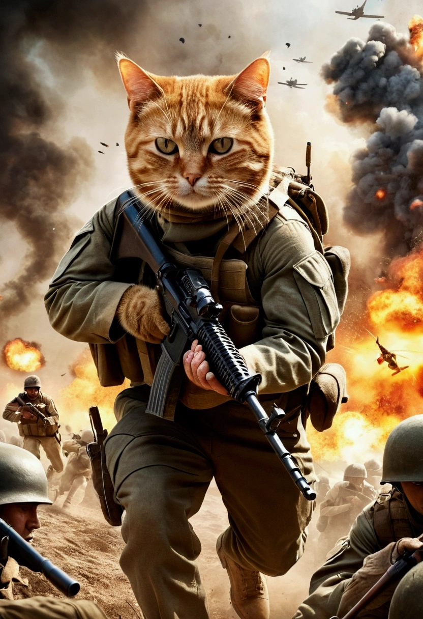 ((best resolution, High definition, cinema photo, adventurer portrait, professional portrait,Create an ultra-realistic image of a war battle involving cats as combatants. Cats must be equipped with a variety of weapons, including rifles, pistols, and grenades. They must be wearing full military uniforms with all the details, like helmets, combat vests and boots. The setting must be a battlefield with trenches, explosions in the background and smoke, to convey the intensity of war. Some cats may be running, others shooting, and some taking shelter. Cats&#39; expression must be determined and focused, like real soldiers in combat.