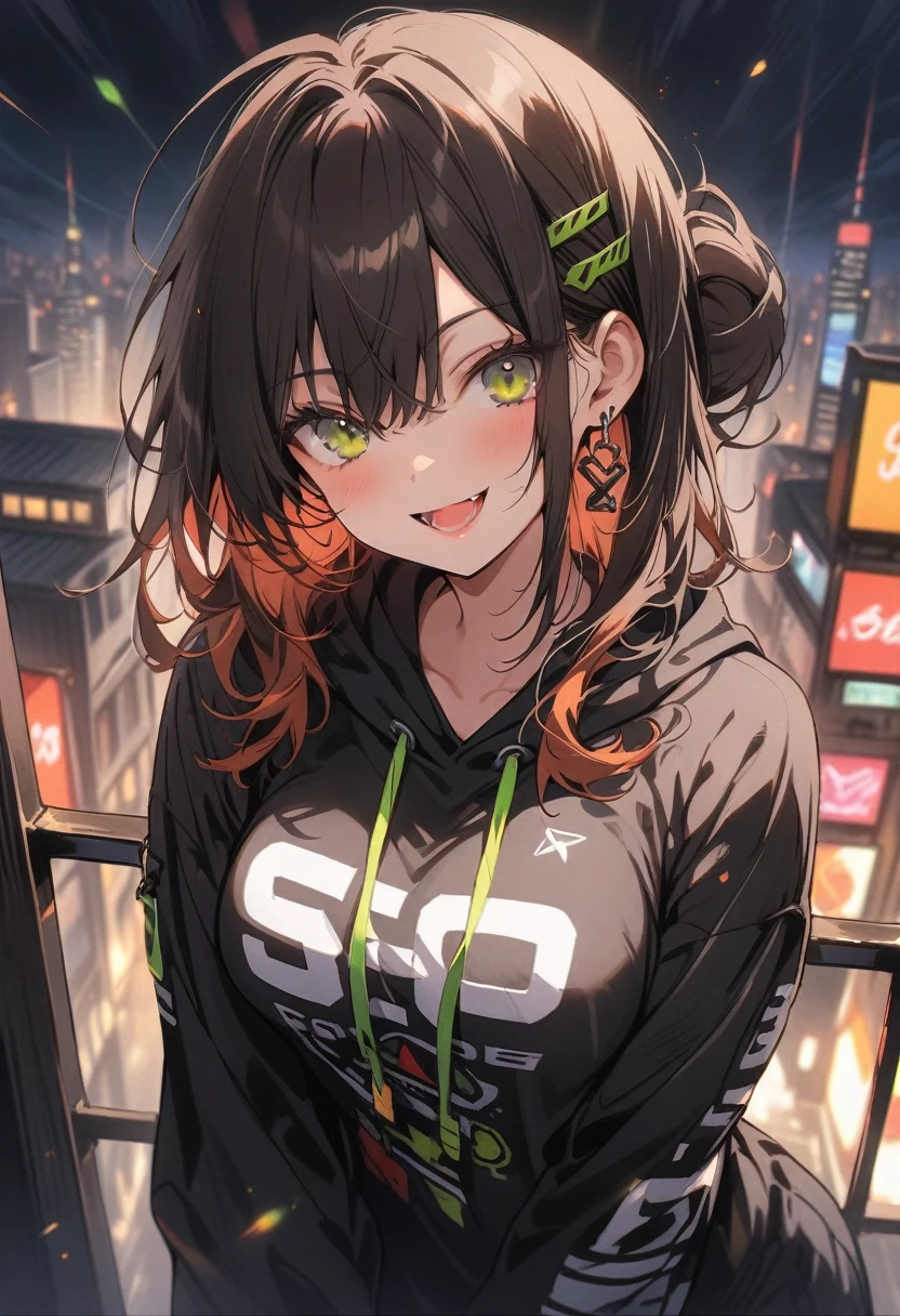 score_9, score_8_up, score_7_up, score_6_up, source_anime, (masterpiece, best quality:1.2), high quality, highres, 1girl, solo, pretty woman, beautiful, green eyes, smile, open mouth, brown hair, single hair bun, looking at viewer, black hoodie oversize, medium breasts, standing, upper body, long range shot, city night scene, the roof