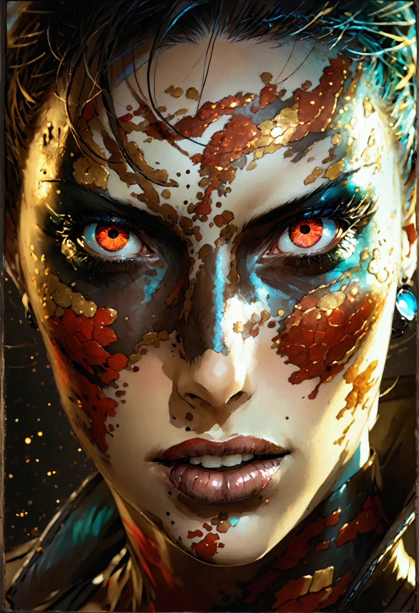 portrait, nemesis from resident evil, nemesis, scary face with red eyes, dirty teeth, nemesis teeth, text and painting tattoos on the face, snake lightening eyes, highly detailed skin, blood on the face, hell in cosmos theme, anime manga illustration,image is compelling with dynamic composition and dark posing. Include many fantasy details such as bumps, phantasmal iridescence, glitter, galaxy, cosmos, void energy color, ((brown dirty body, void cosmic body)), (((dark background))), (((lights off))), (((hollywood dark))), horror, dramatic shadows,vector digital illustration