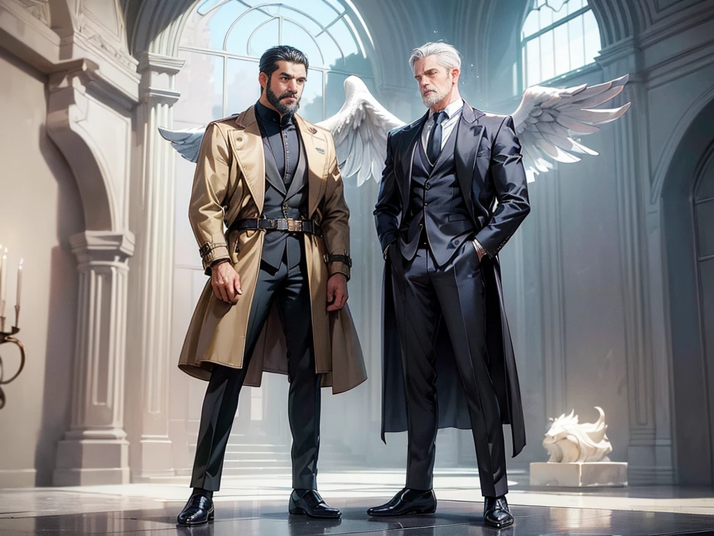 (Best Quality,ultra detailed,realist:1.37), male, Lonely man, Daegan Thrones Character(1), elegant, Dark skin, dark tan, angel with perfect wings, symmetrical wings, blue eyes, small beard, medium long haircut, casual outfit, Italian urban life, Trench coat, man&#39;s posture, attractive, vibrant colors, modern long suit, fighting stance, epic wallpaper.