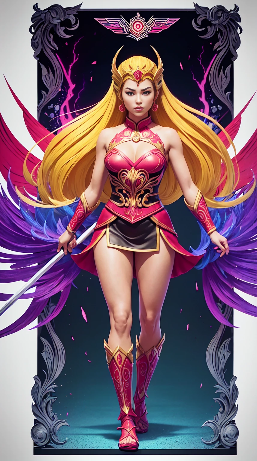 ((Full body photo, standing, feet on the ground))  She-ra, TM Samurai, intricate face details, poster style, icons, vibrant colors, vector style, digital art, 4K, intricate details, mesmerizing, professionally made, beautiful vector illustration, 12K resolution, 3D, all characters in detailed full body, highly detailed, vibrant, ultra high quality, Hyperrealism, Photorealism, octane render]