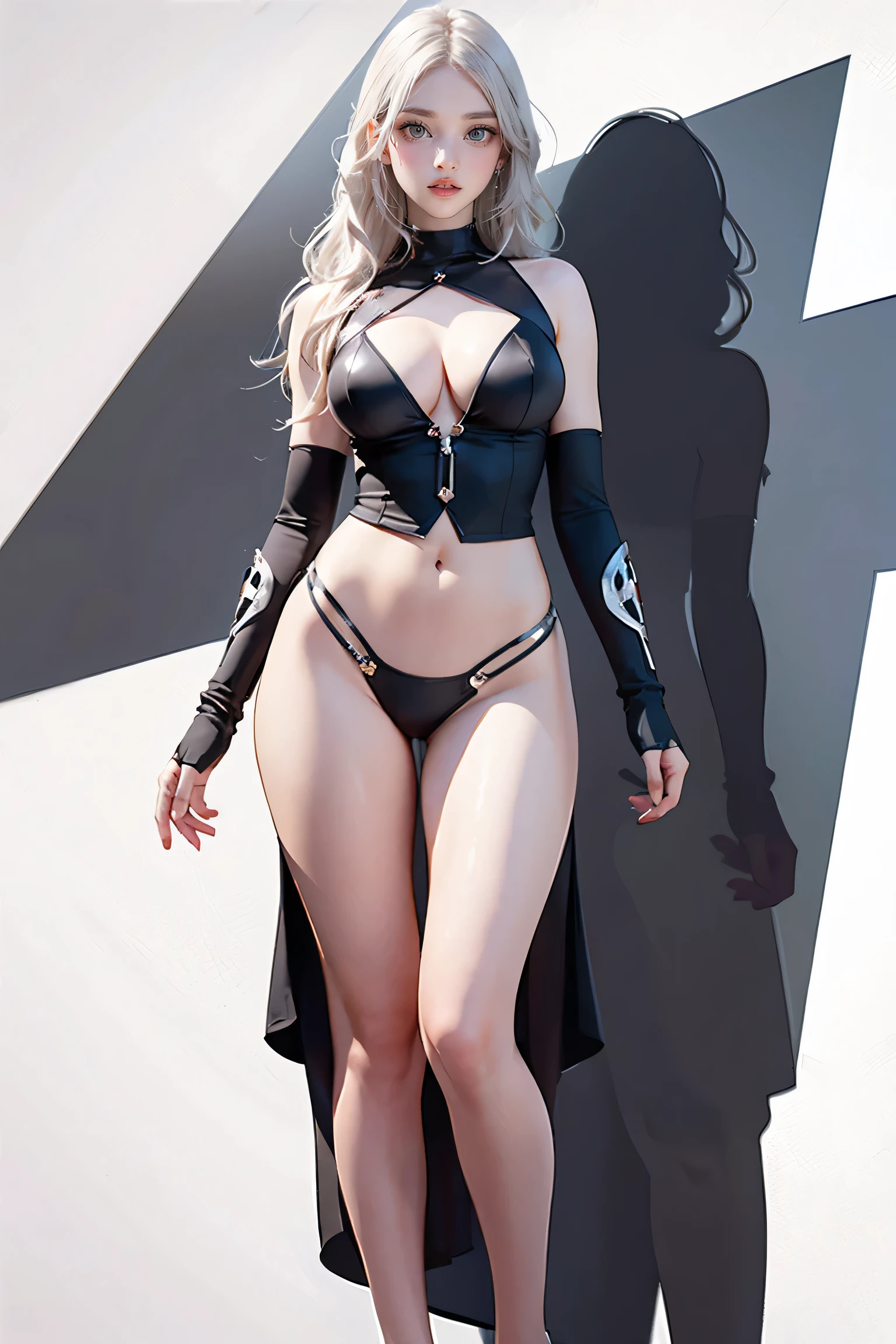 Master of animation, A perfect masterpiece, On a pure white background、Dressed in cool, sexy and modern clothes、Sexy mature modern woman standing, Flowing silver hair, Full Body Stand Posture, Thin legs, ((Large Breasts)), Detailed facial details, Natural and beautiful standing posture, Crisp and realistic body detail,(NSFW:0.9)