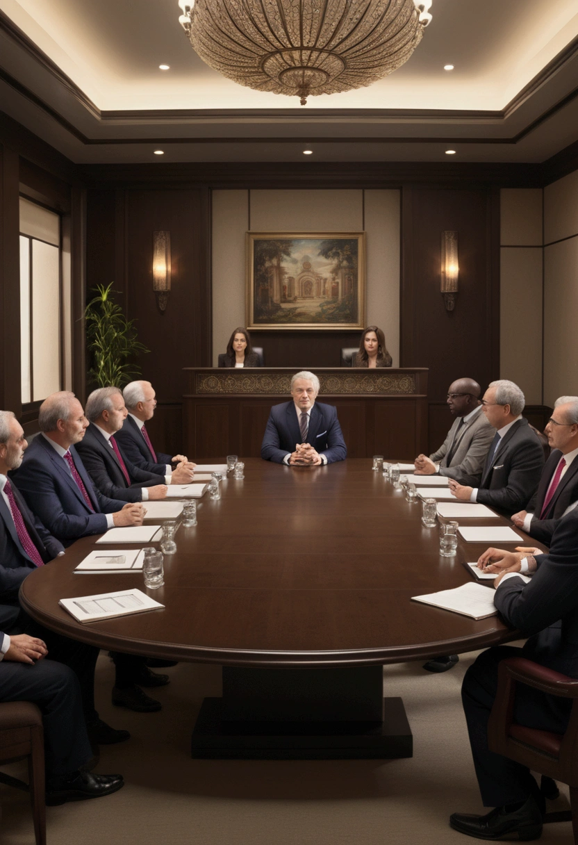 (Lawyer), the legal advisor of a company, provides professional legal advice at a board meeting in a luxurious conference room where the directors listen attentively. The entire scene is filled with tension and seriousness, full body, award-winning, cinematic still, emotional, vignette, dynamic, vivid, (masterpiece, best quality, photorealistic, Professional, perfect composition, very aesthetic, absurdres, ultra-detailed, intricate details:1.3)