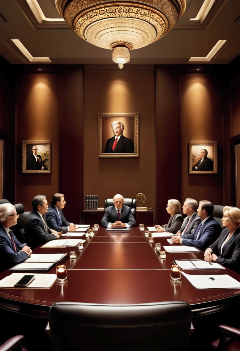 (Lawyer), the legal advisor of a company, provides professional legal advice at a board meeting in a luxurious conference room where the directors listen attentively. The entire scene is filled with tension and seriousness, full body, award-winning, cinematic still, emotional, vignette, dynamic, vivid, (masterpiece, best quality, photorealistic, Professional, perfect composition, very aesthetic, absurdres, ultra-detailed, intricate details:1.3)