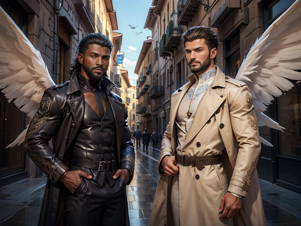 (Best Quality,ultra detailed,realist:1.37), male, Lonely man, Daegan Thrones Character(1), elegant, Dark skin, dark tan, angel with perfect wings, symmetrical wings, blue eyes, small beard, medium long haircut, casual outfit, Italian urban life, Trench coat, man's posture, attractive, vibrant colors, modern long suit, fighting stance, epic wallpaper.