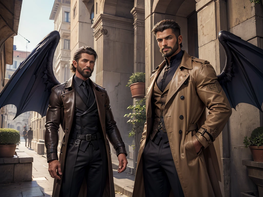 (Best Quality,ultra detailed,realist:1.37), male, Lonely man, Daegan Thrones Character(1), elegant, Dark skin, dark tan, angel with perfect wings, symmetrical wings, blue eyes, small beard, medium long haircut, casual outfit, Italian urban life, Trench coat, man&#39;s posture, attractive, vibrant colors, modern long suit, fighting stance, epic wallpaper.