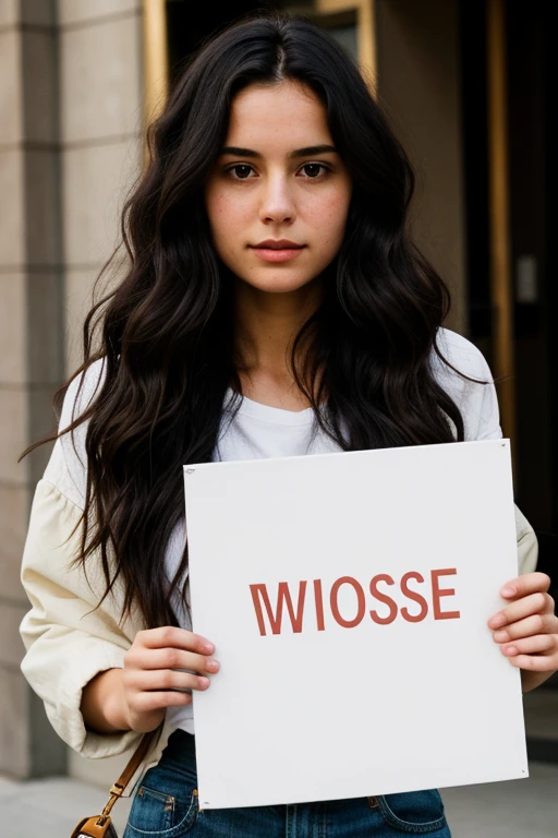 Frightened woman 25 years old, wavy tousled long dark wavy hair, modern clothes, holding a wide sign in his hands, Real Human Anatomy, cinematic, high detail, masterpiece