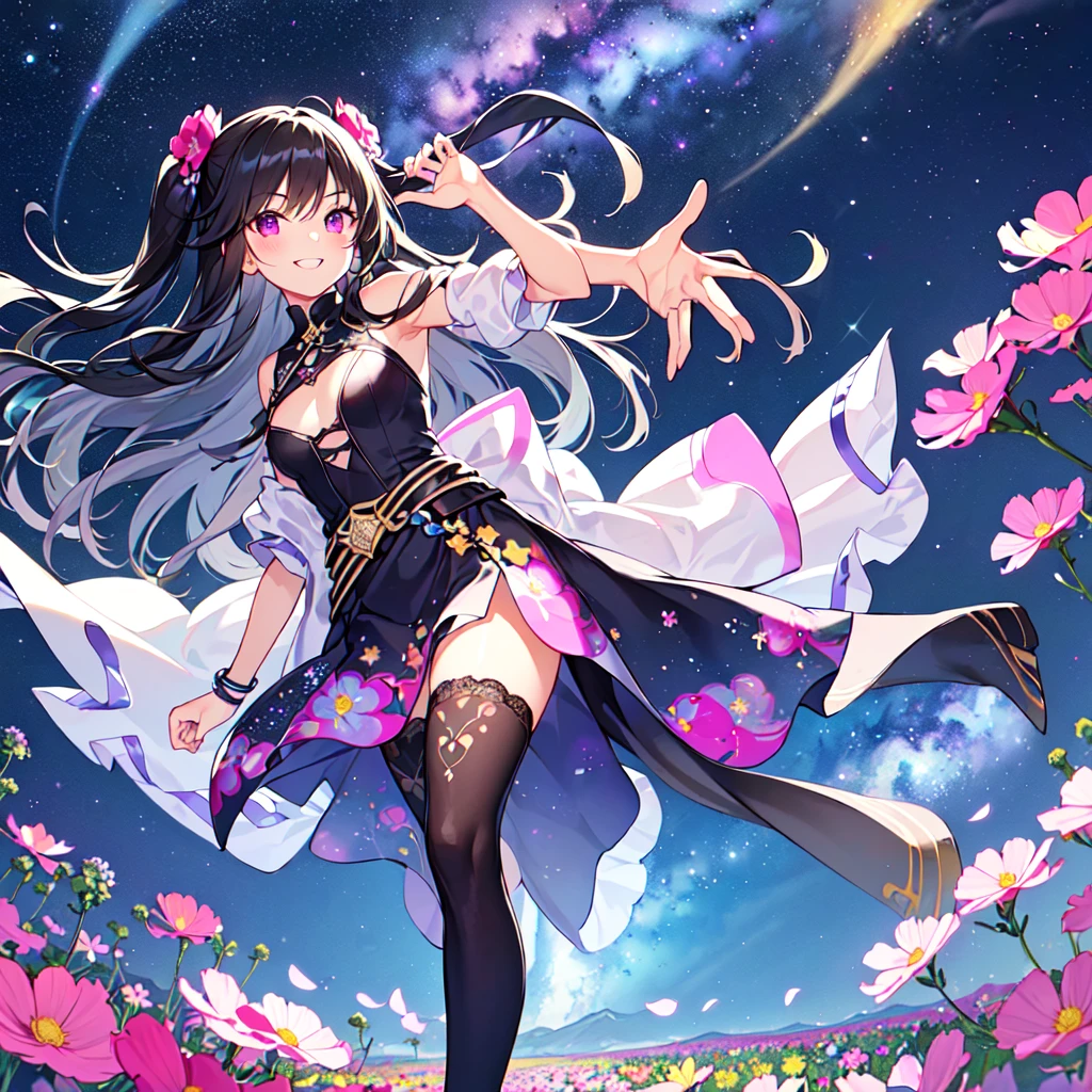 masterpiece, best quality, high quality, extremely detailed, very delicate and beautiful, (1 female 18 years old solo:1.5), (long black hair up to waist with two-side up:1.5), bangs to eyebrows, eyes (eyes sharp, strong, glossy, glossy eyebrows), (eye color magenta:1.3), 6.5 head height, (cosmos flower print fashion:1.3), knee socks, lace, ruffles, (smiling), (running:1.3), (smiling), (dynamic pose), (background cosmos flower field:1.3) ,(Milky Way Night Sky:1.3)