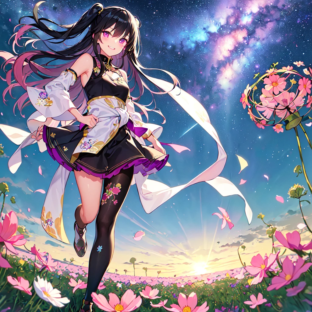 masterpiece, best quality, high quality, extremely detailed, very delicate and beautiful, (1 female 18 years old solo:1.5), (long black hair up to waist with two-side up:1.5), bangs to eyebrows, eyes (eyes sharp, strong, glossy, glossy eyebrows), (eye color magenta:1.3), 6.5 head height, (cosmos flower print fashion:1.3), knee socks, lace, ruffles, (smiling), (running:1.3), (smiling), (dynamic pose), (background cosmos flower field:1.3) ,(Milky Way Night Sky:1.3)