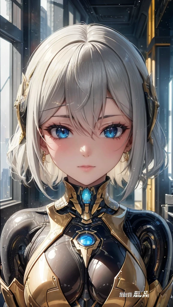 a young girl with pale skin, rosy complexion, large bright blue eyes with vivid details and shiny reflections giving a very lifelike and expressive appearance, neutral but gentle facial expression, slightly parted mouth, short white hair with slightly wavy and well-groomed style, golden metallic technological or ornamental elements fixed in the hair adding a futuristic touch, wearing a futuristic bodysuit made of shiny materials, mostly golden with black accents and integrated blue luminous technological elements on the chest and shoulders, highly detailed design reminiscent of advanced high-tech armor, in the interior of a futuristic spacecraft or installation with windows showing an urban landscape or luminous sky, (best quality,4k,8k,highres,masterpiece:1.2),ultra-detailed,(realistic,photorealistic,photo-realistic:1.37),science fiction,concept art,cinematic lighting,intricate details,dramatic composition