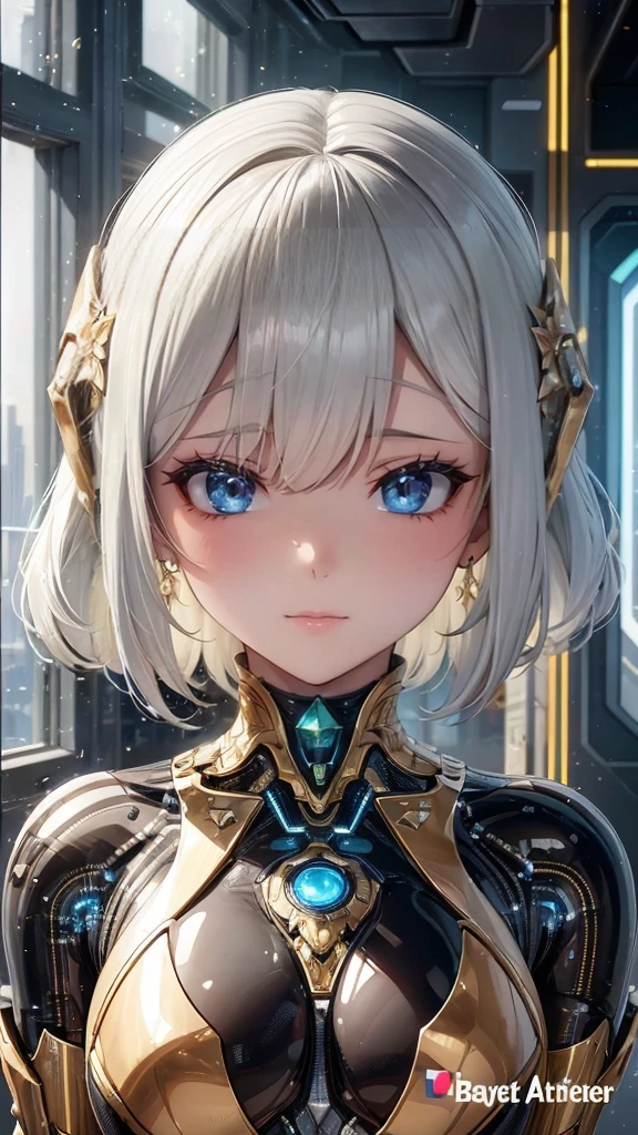 a young girl with pale skin, rosy complexion, large bright blue eyes with vivid details and shiny reflections giving a very lifelike and expressive appearance, neutral but gentle facial expression, slightly parted mouth, short white hair with slightly wavy and well-groomed style, golden metallic technological or ornamental elements fixed in the hair adding a futuristic touch, wearing a futuristic bodysuit made of shiny materials, mostly golden with black accents and integrated blue luminous technological elements on the chest and shoulders, highly detailed design reminiscent of advanced high-tech armor, in the interior of a futuristic spacecraft or installation with windows showing an urban landscape or luminous sky, (best quality,4k,8k,highres,masterpiece:1.2),ultra-detailed,(realistic,photorealistic,photo-realistic:1.37),science fiction,concept art,cinematic lighting,intricate details,dramatic composition