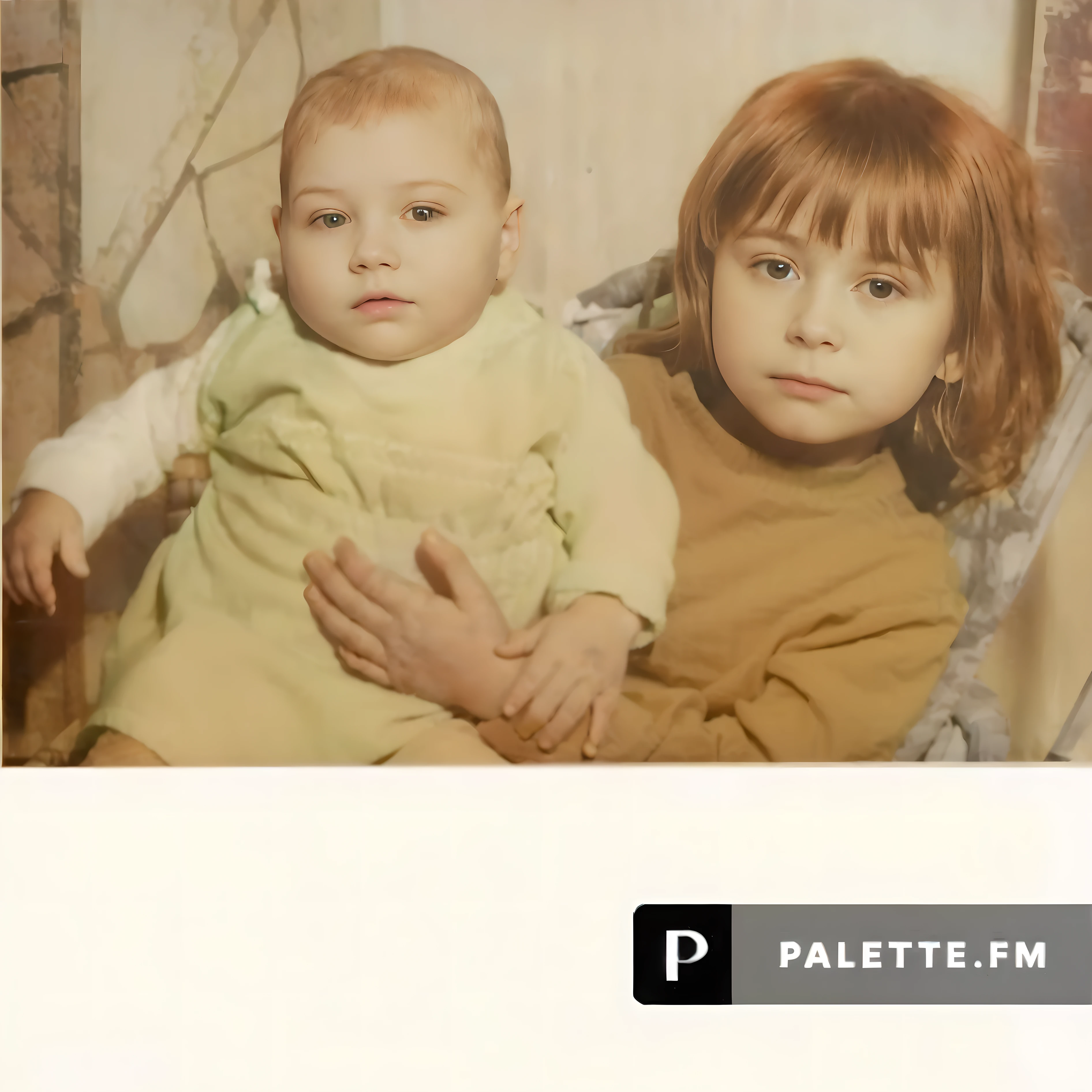 there are two children that are sitting together in a chair, palette, pale tone, earth tones and soft color 1981, pale!, earth tones and soft color 1976, inspired by Irene and Laurette Patten, a colorized photo, color studio portrait, pale light, color portrait, colorized photo, pathes, pale colors, restored color