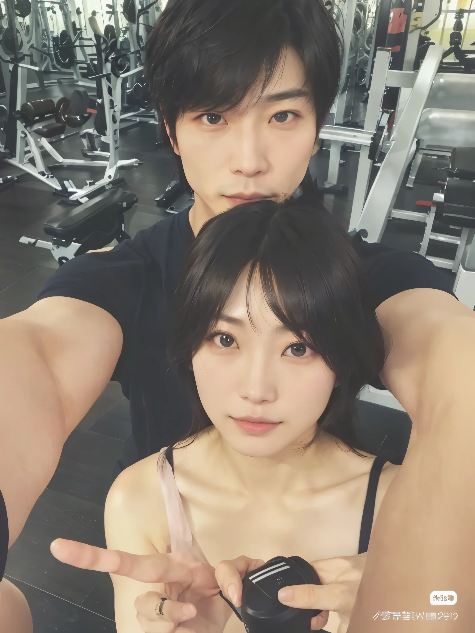 there is a man and woman posing for a picture in a gym, Ayami Kojima and Yoshitaka Amano, muscular!!, muscular!, By Yasutomo Oka, by Ayami Kojima, by Yanagawa Nobusada, By Oka Yasutomo, A, The, on, Facing, already, ha, on , huang yuxing and aya takano