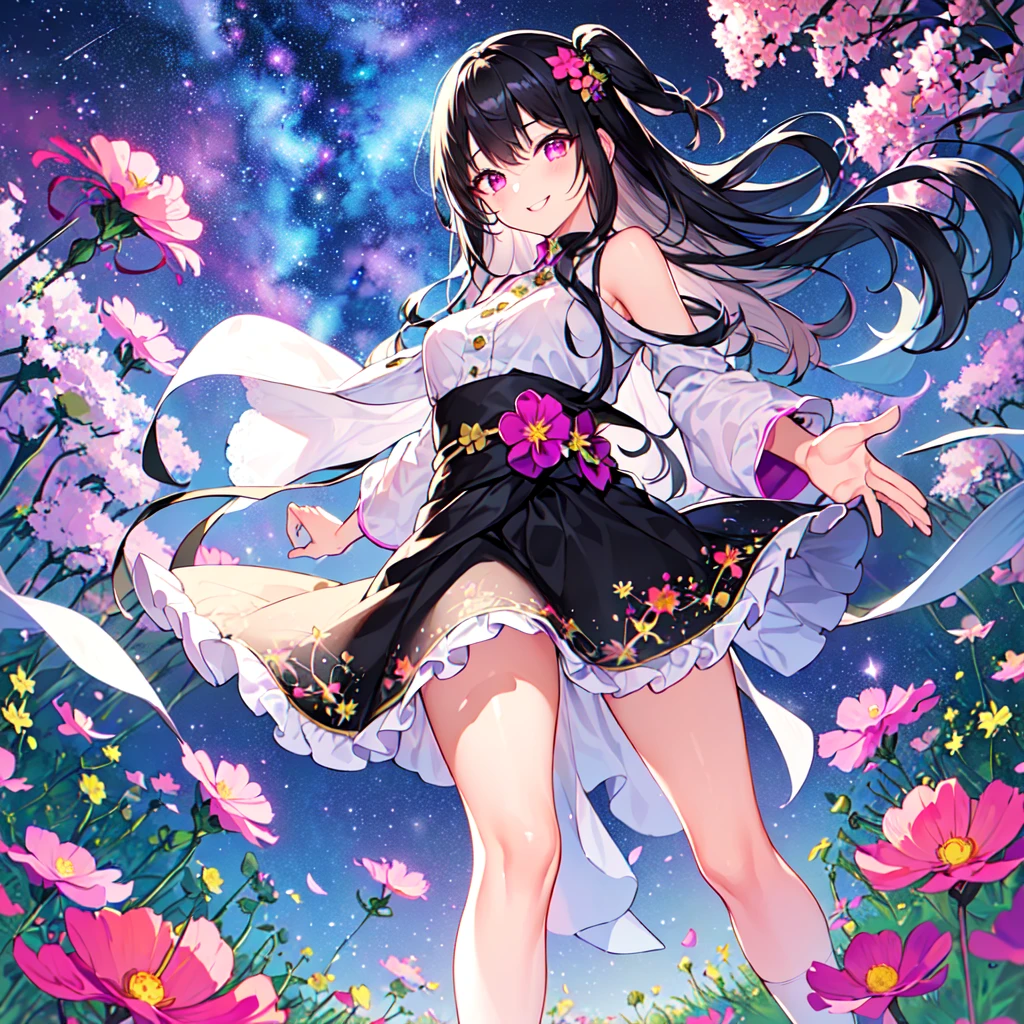 masterpiece, best quality, high quality, extremely detailed, very delicate and beautiful, (1 female 18 years old solo:1.5), (long black hair up to waist with two-side up:1.5), bangs to eyebrows, eyes (eyes sharp, strong, glossy, glossy eyebrows), (eye color magenta:1.3), 6.5 head height, (cosmos flower print fashion:1.3), knee socks, lace, ruffles, (smiling), (running:1.3), (smiling), (dynamic pose), (background cosmos flower field:1.3) ,(Milky Way Night Sky:1.3)