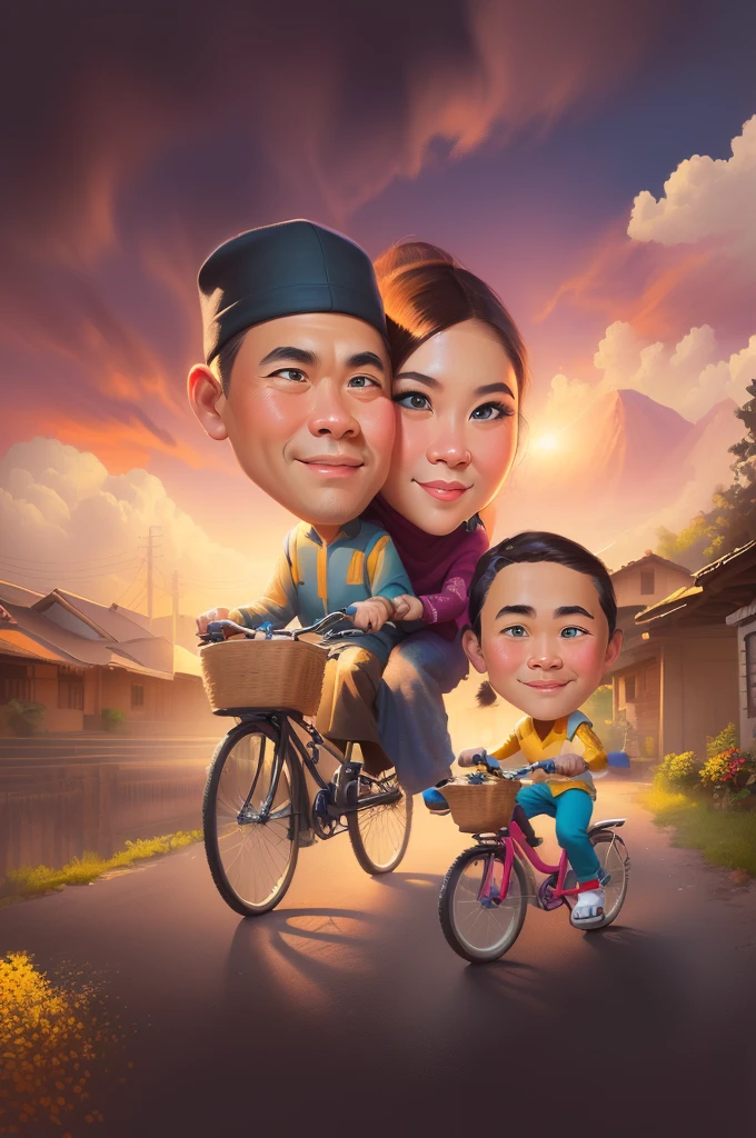 cartoon caricature of a couple riding a bicycle with a , caricature illustration, caricature style, an indonesian family portrait, potrait, caricature, cartoon digital painting, cartoon portrait, by Abidin Dino, cartoon artstyle, cartoon digital art, in cartoon style, digital art cartoon, caricature!!!, cartoon art, realism artstyle, classic portrait, cartoon style illustration