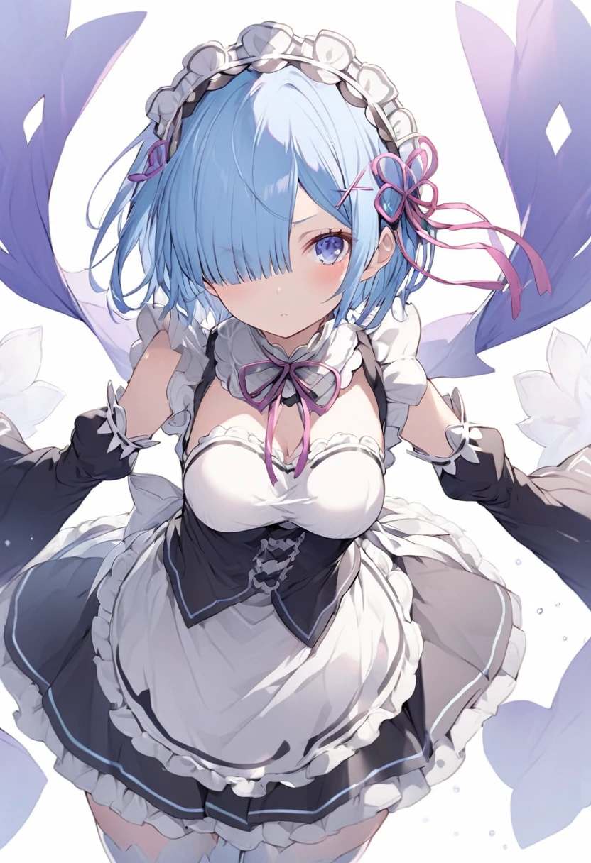 rem (re:zero), a person wearing an outfit that has small dots on it's clothes, 1girl, solo, detached sleeves, blue hair, short hair, hair ornament, flower, blue eyes, hair flower, breasts,MORE details,confident stance,super high detail --ar 2:3 --niji 5,Rem, blue eyes, short hair, blue hair, hair over one eye, maid outfit, detached sleeves, white thighhighs, hair ribbon, x hair ornament, frills, long sleeves, maid headdress, waist apron, white apron, wide sleeves, hair flower