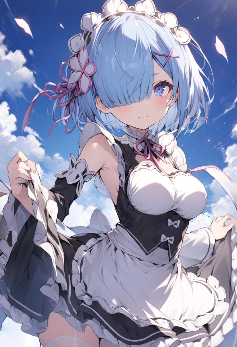 rem (re:zero), a person wearing an outfit that has small dots on it's clothes, 1girl, solo, detached sleeves, blue hair, short hair, hair ornament, flower, blue eyes, hair flower, breasts,MORE details,confident stance,super high detail --ar 2:3 --niji 5,Rem, blue eyes, short hair, blue hair, hair over one eye, maid outfit, detached sleeves, white thighhighs, hair ribbon, x hair ornament, frills, long sleeves, maid headdress, waist apron, white apron, wide sleeves, hair flower